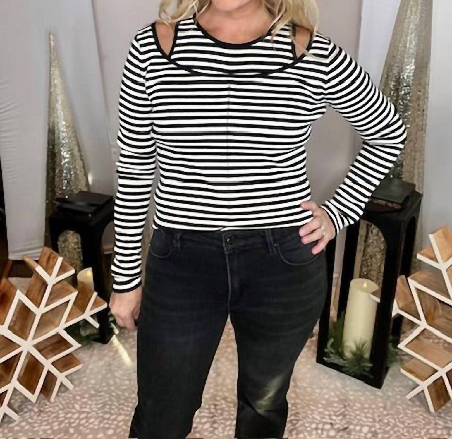 Heyson - Double Layer Striped Cold Shoulder Top