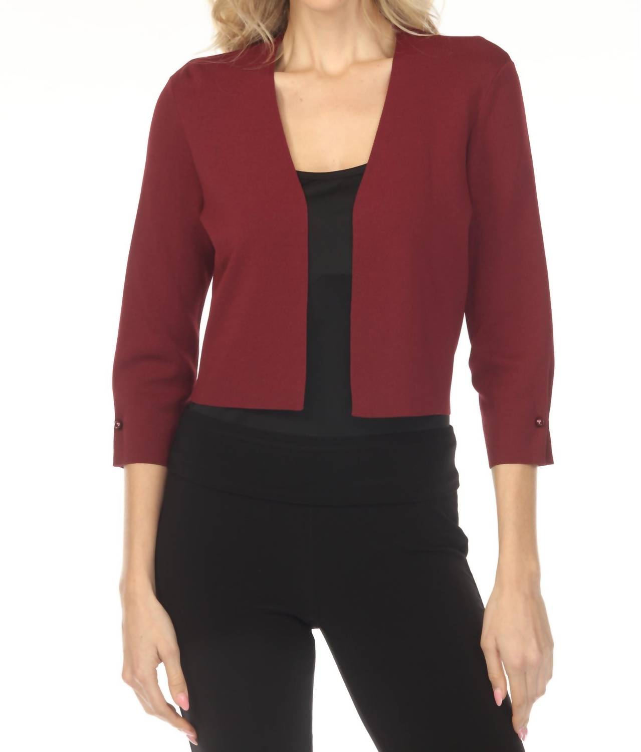 Joseph Ribkoff Pearl Accent Three Quarter Sleeve Cropped Cardigan in merlot - women's cardigan