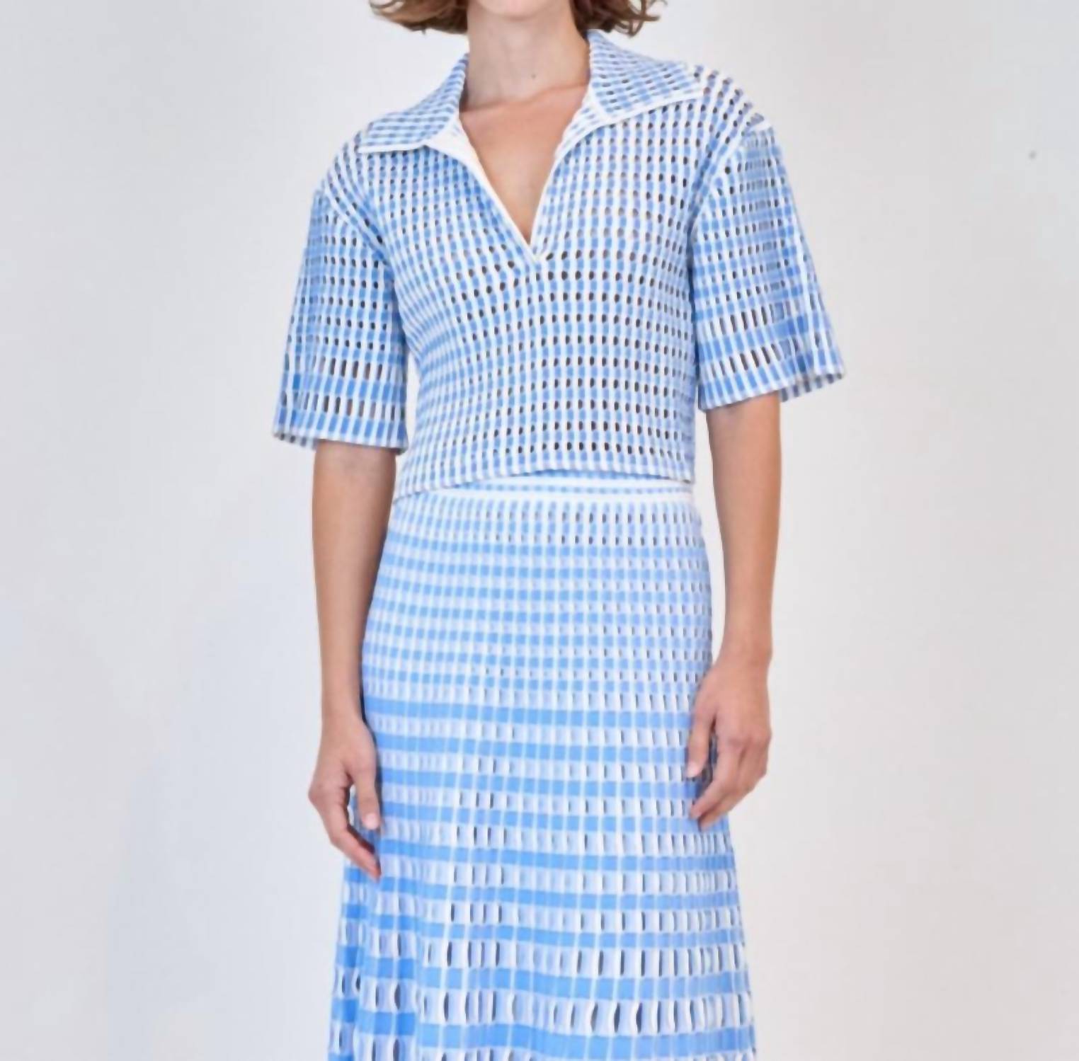 SIMKHAI Adley Cropped Polo in blue hydrangea multi - women's shirt