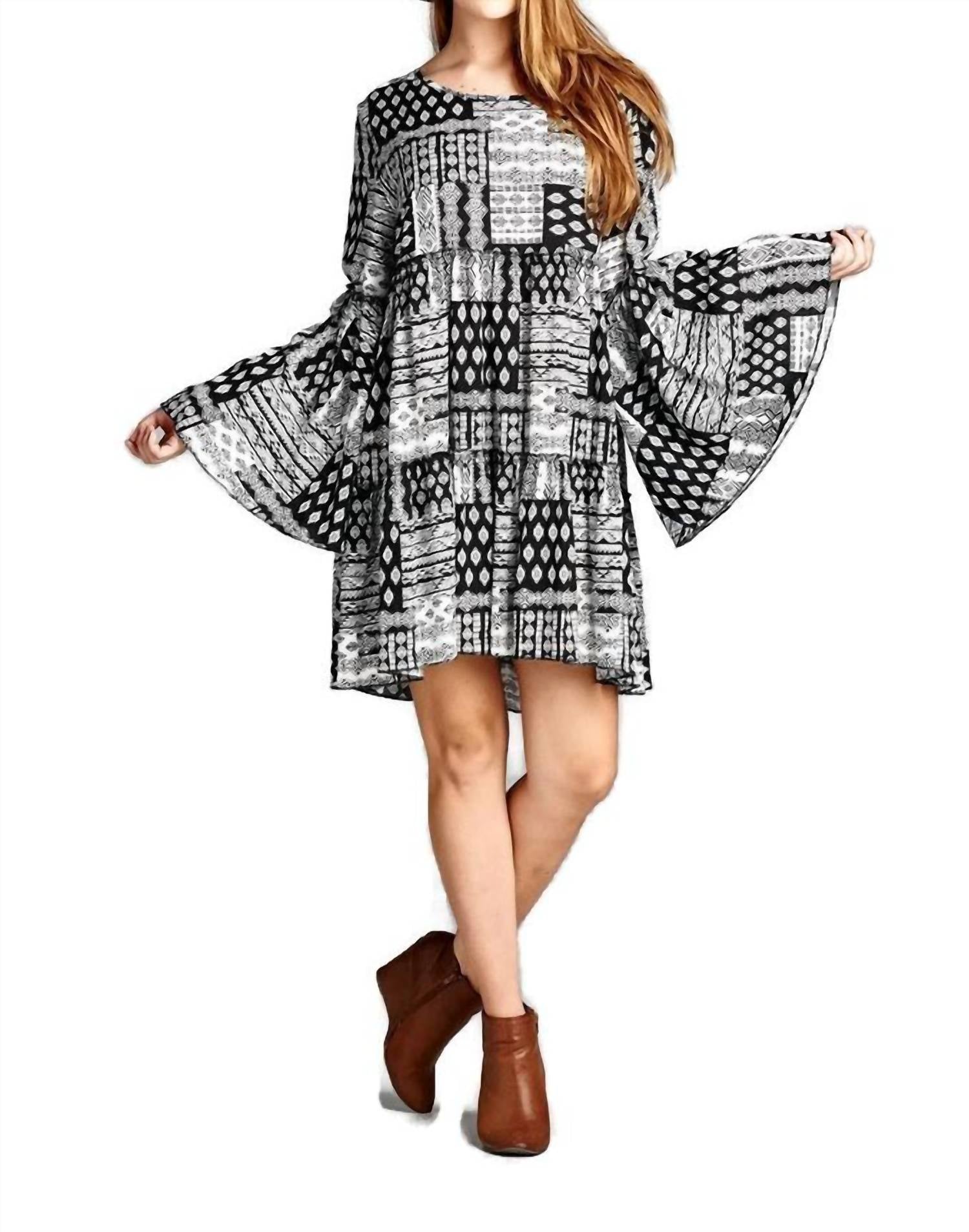 Velzera - Multi-pattern Bell Sleeve Mini Dress