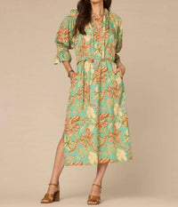 Democracy - 3/4 Sleeve Ruched Neck Printed Dress