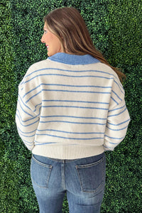 Tcec - Collared Striped Knit Half Button Pullover