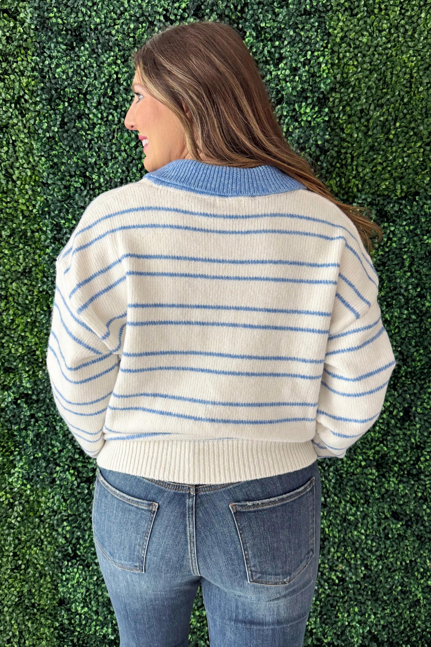 Tcec - Collared Striped Knit Half Button Pullover