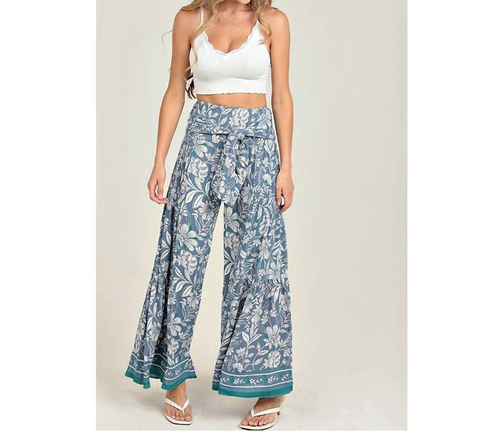 ANGIE Women's Floral Tie Waist Wide Leg Pants in blue - women's pants - alternate view