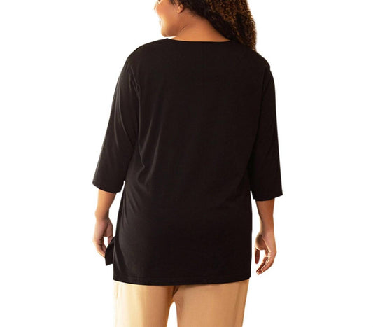 On The Plus Side - Cotton 3/4 Sleeve U-Neck Tee - Plus
