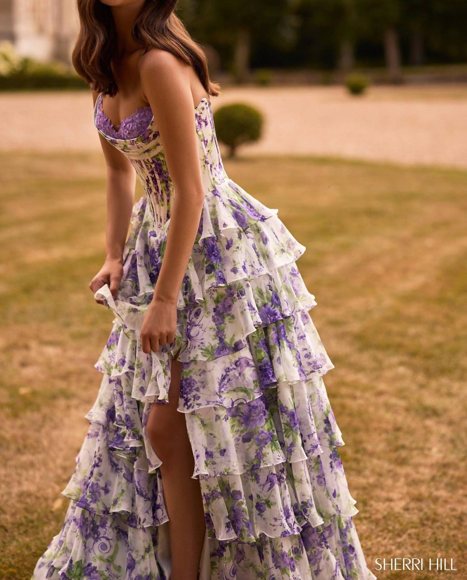 Sherri Hill Ruffle Skirt Strapless Floral Dress in ivory purple green print - women's dress - view 4