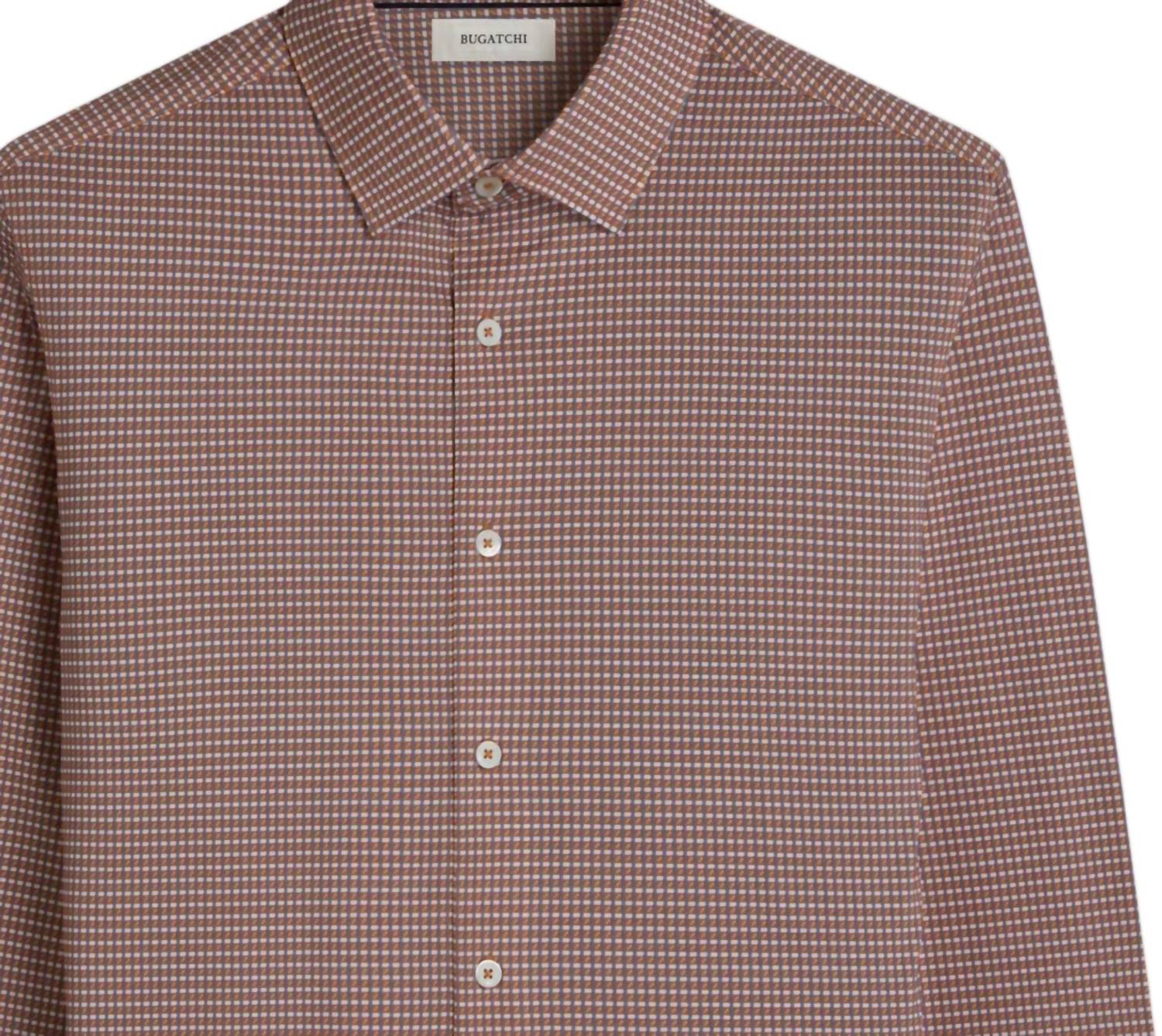 Bugatchi Uomo Men's James Mini Check Ooohcotton Shirt in jaffa - men's shirt - detail view
