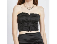 Emory Park - Ruched Satin Tube Top With Ruffles