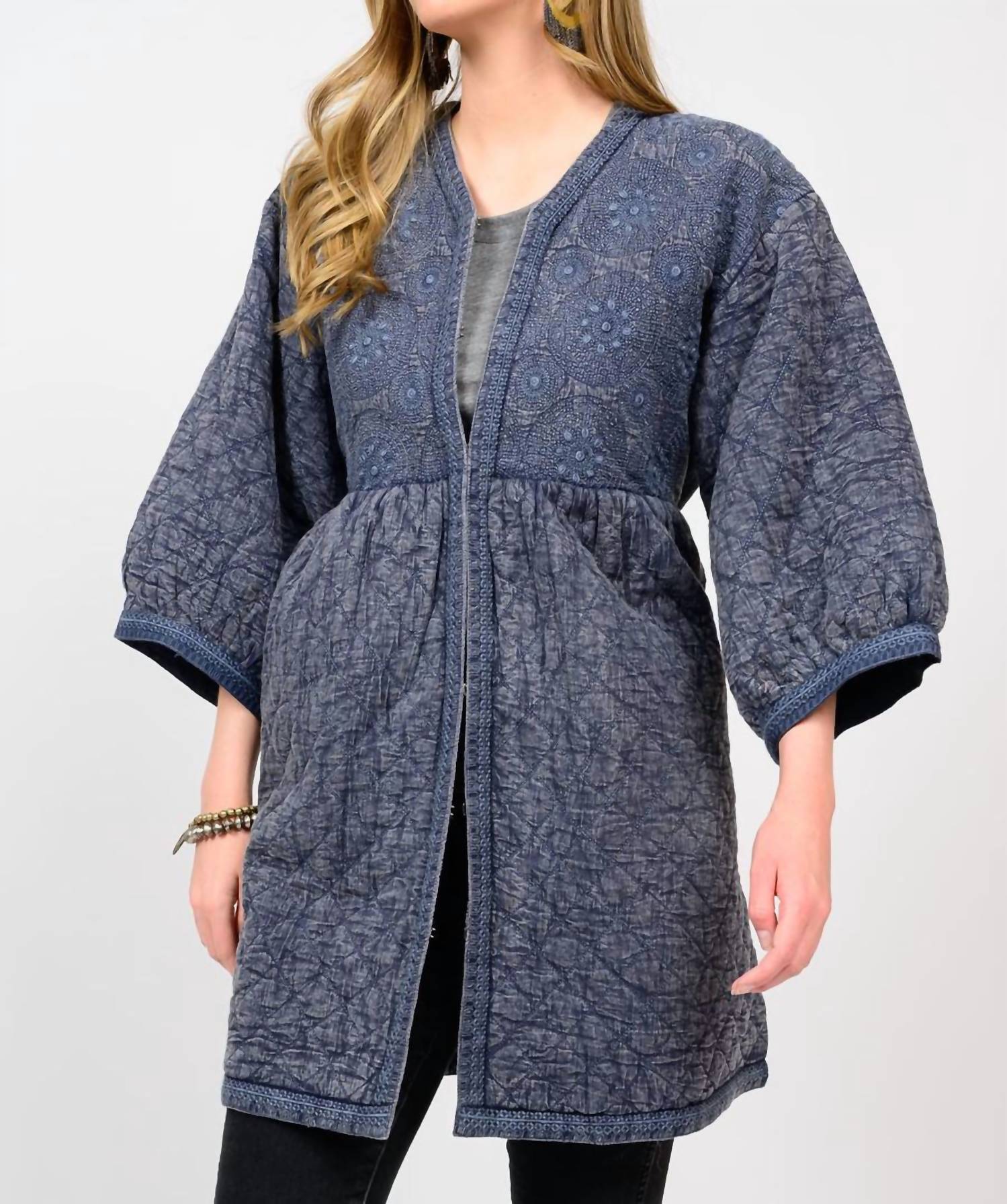 Ivy Jane Embroidered Quilted Jacket in indigo - women's jacket - detail view