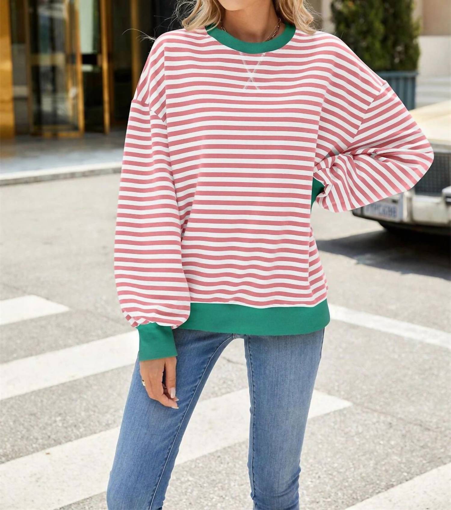 Lily Clothing - Striped Contrast Crewneck Sweatshirt