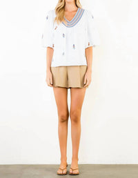Thml - Puff Sleeve Embroidered Sail Boat Top