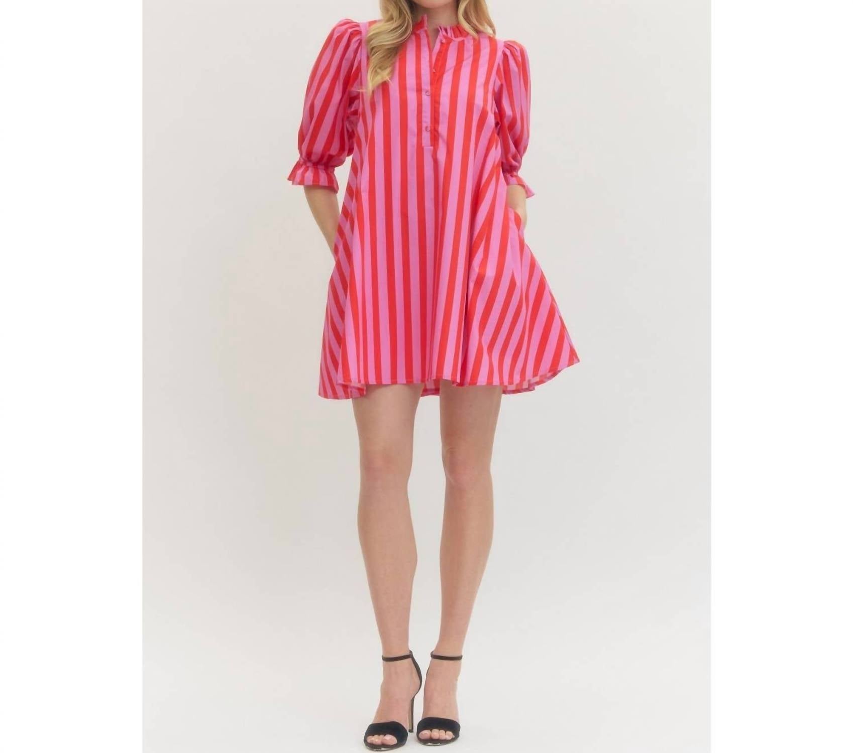 Style USA Striped Puff Sleeve Mini Dress in pink - women's dress - view 5