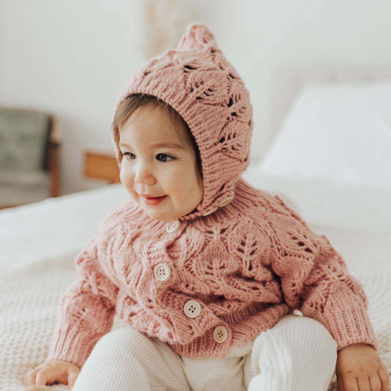 Huggalugs - Girls Leaf Lace Hand Knit Cardigan Sweater