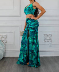 Surelymine - Dipped In Ruching Maxi Skirt Set With Plunging Slit