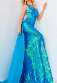 JOVANI Sequin One-shoulder With Cape Gown in iridescent royal - women's dress - view 4