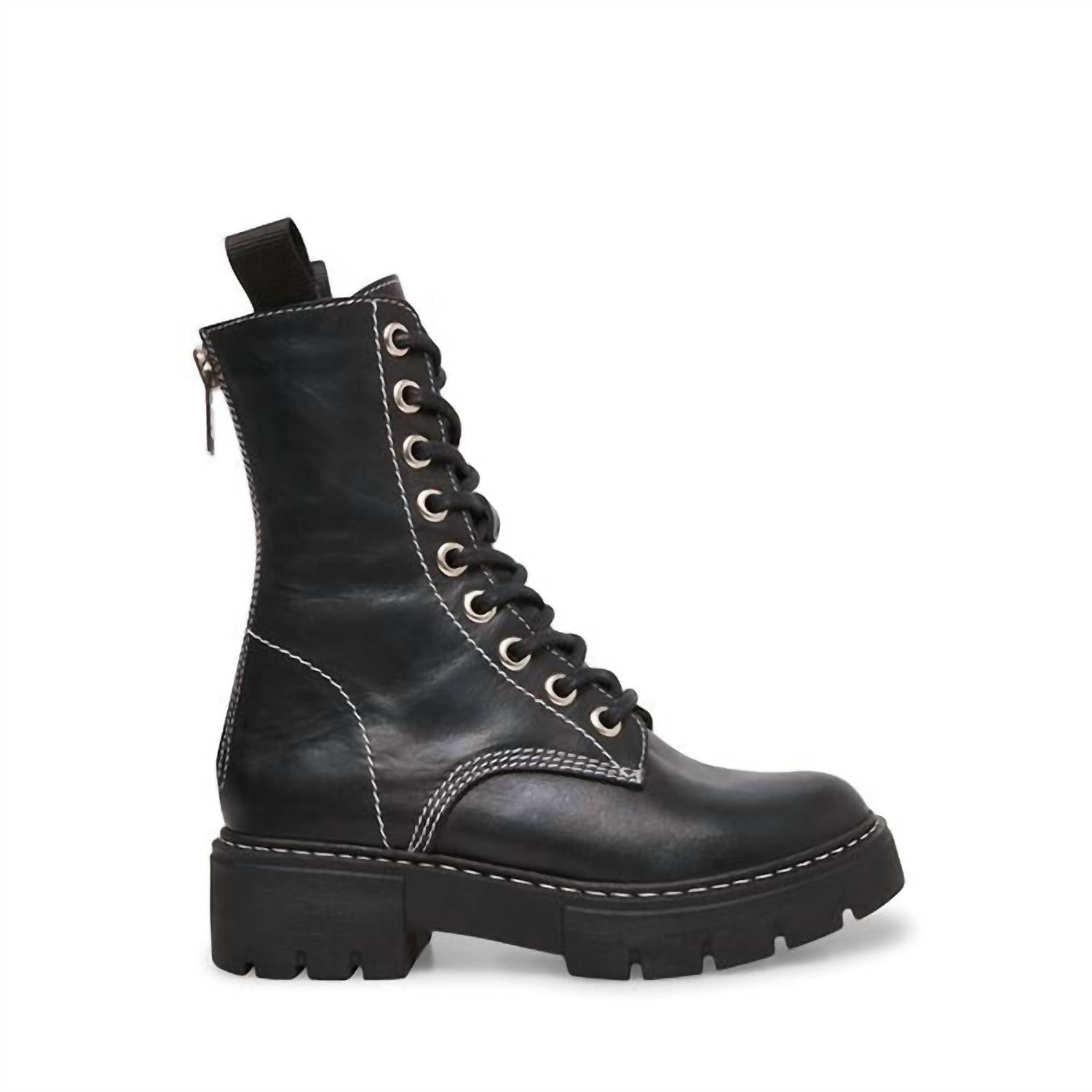 STEVE MADDEN Women's Kanyon Genuine Leather Lace Up Combat Boots in black - women's shoe
