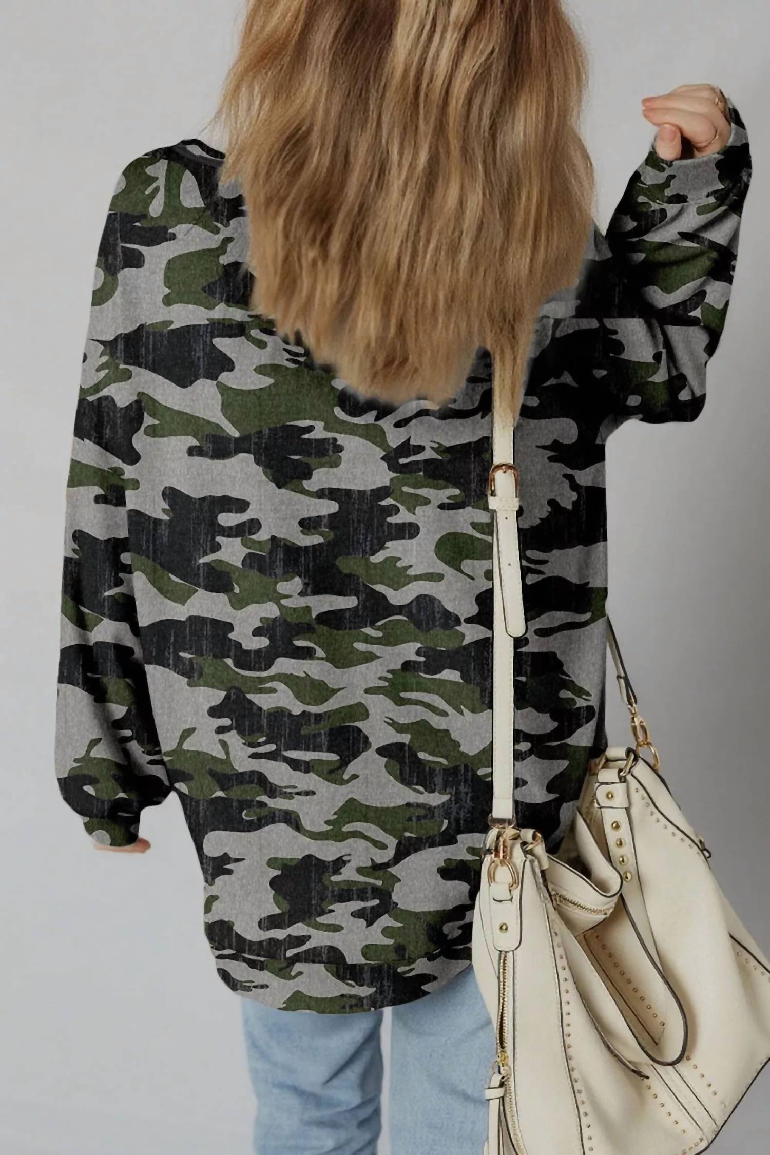 Thomas & Co Retro Camo Sweatshirt in dark gray green - women's top - detail view