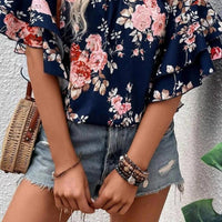 Shying Fashion - Ruffle Off Shoulder Flounce Sleeve Floral Blouse