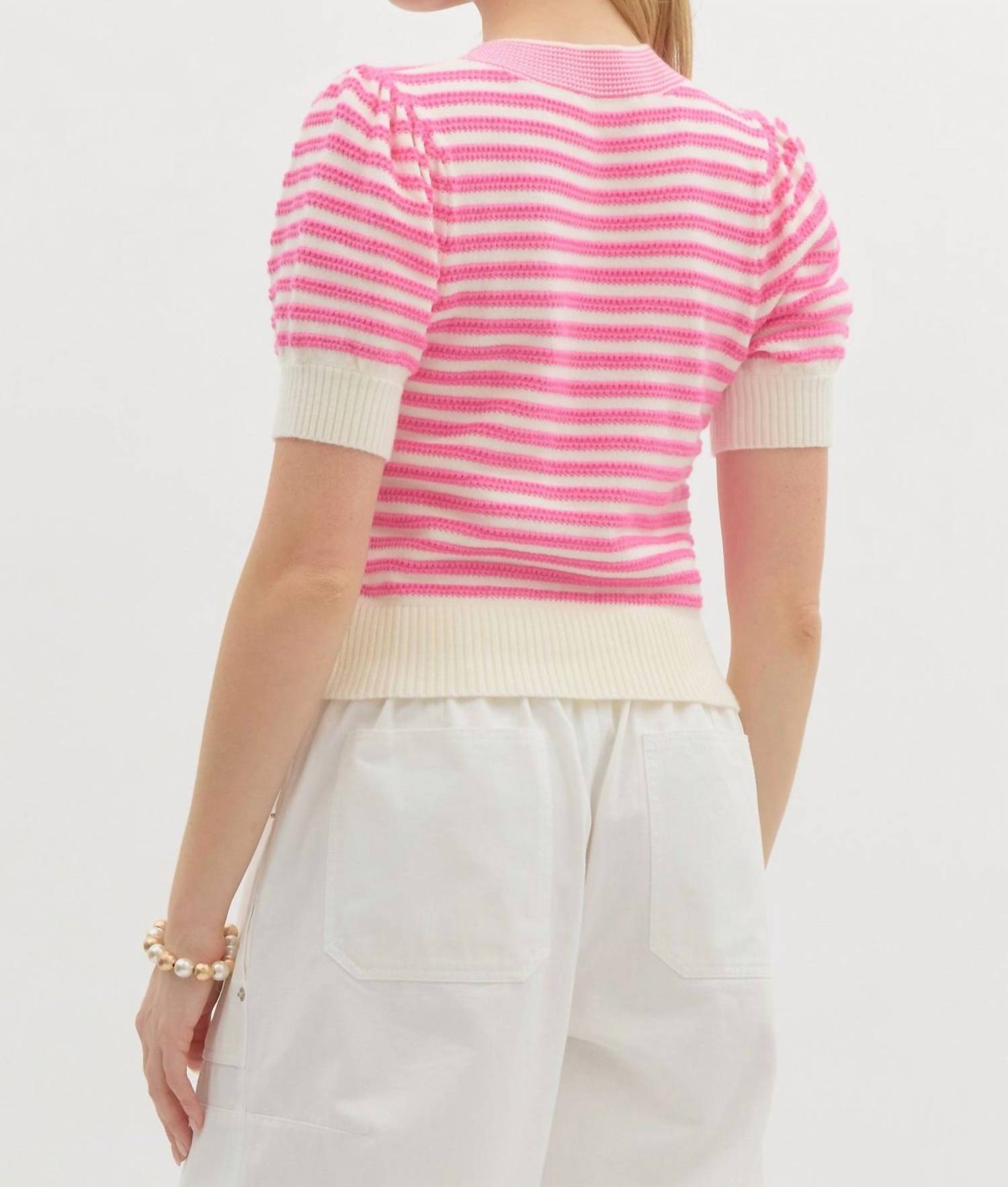 entro Poppy V-neck Sweater Top in pink - women's blouse - detail view