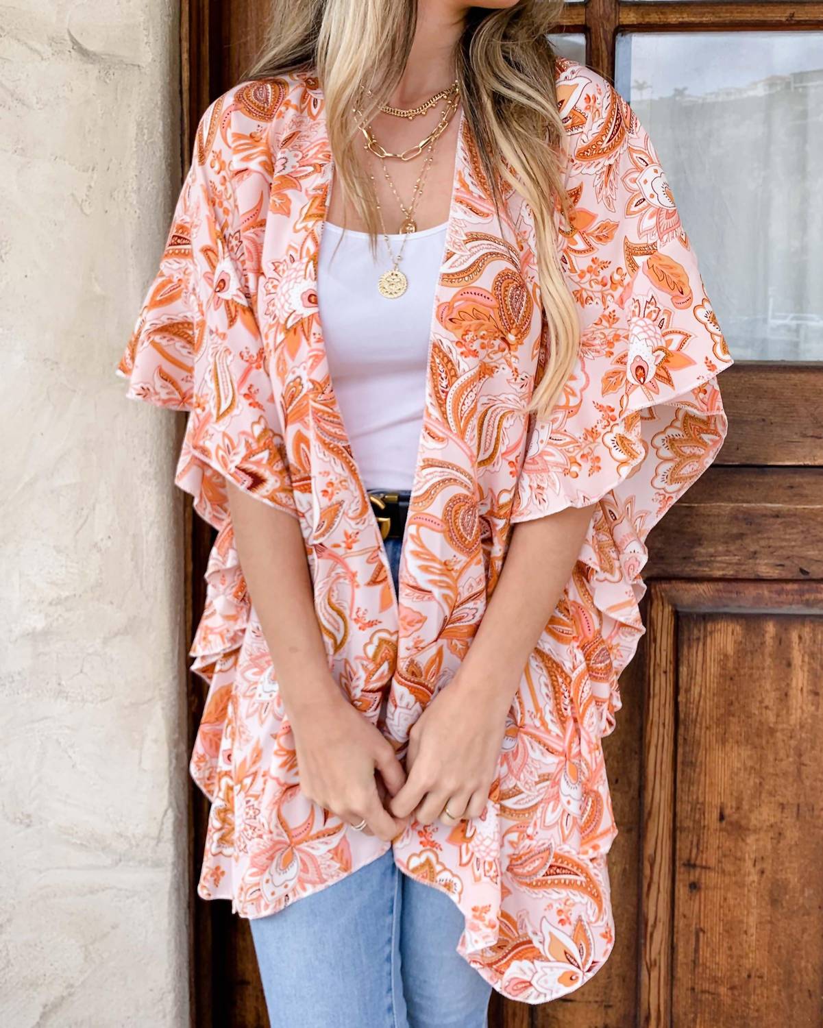 Amoli - Floral Ruffle Sleeve Kimono