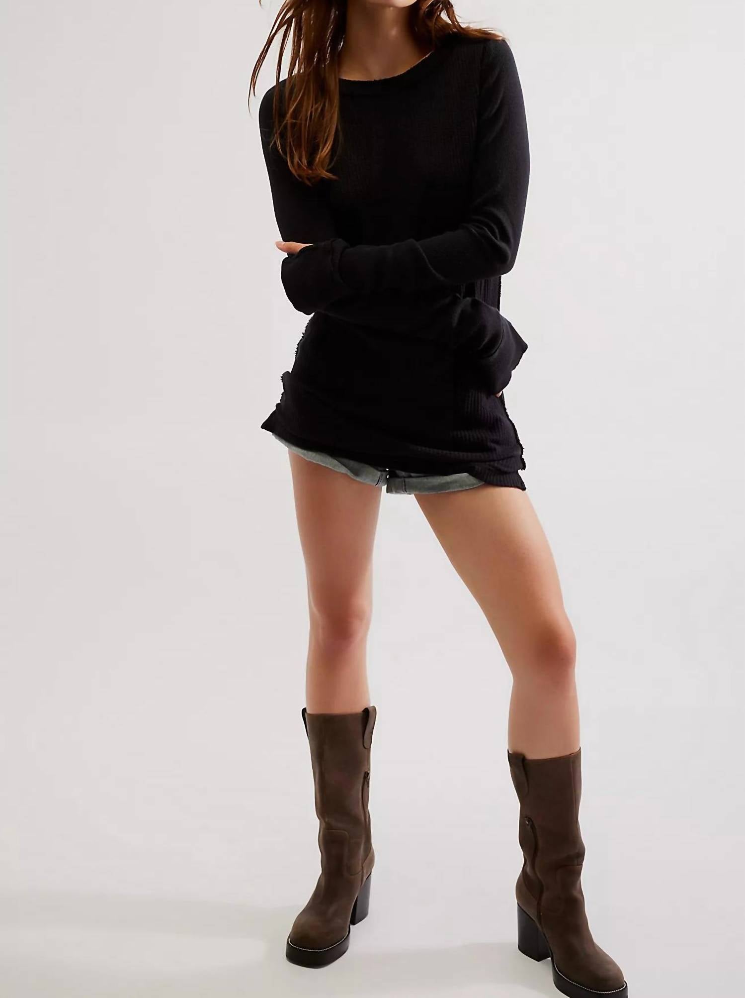 Free People Honey B Crew Neck Top in black - women's long sleeve top