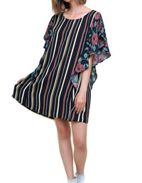 Umgee - Striped & Floral Ruffle Sleeve Dress
