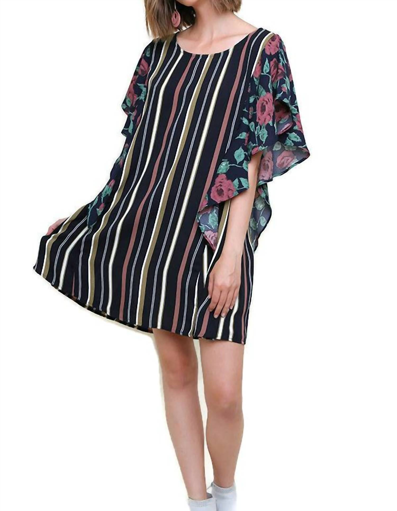 Umgee - Striped & Floral Ruffle Sleeve Dress