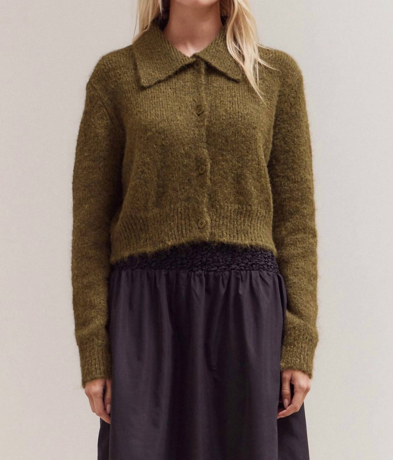 GRADE & GATHER Collared Neck Cardigan in moss - women's cardigan