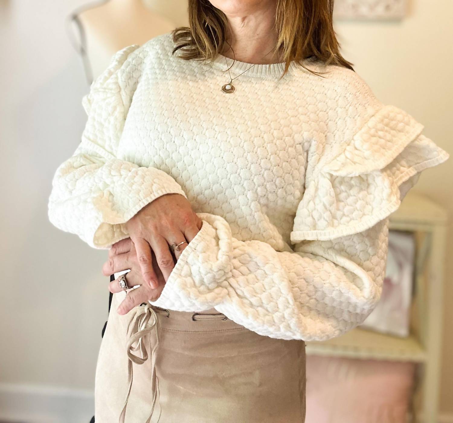 J.Nna - Ruffle Shoulder Quilted Knit Sweater