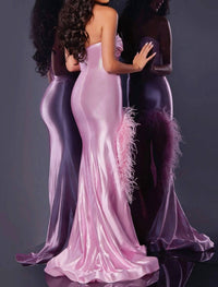 Jovani - Feather Trimmed Slit Satin Gown