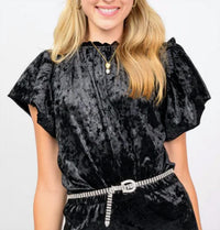 Ivy Jane Solid Velvet Flounce Top in black - women's blouse - detail view