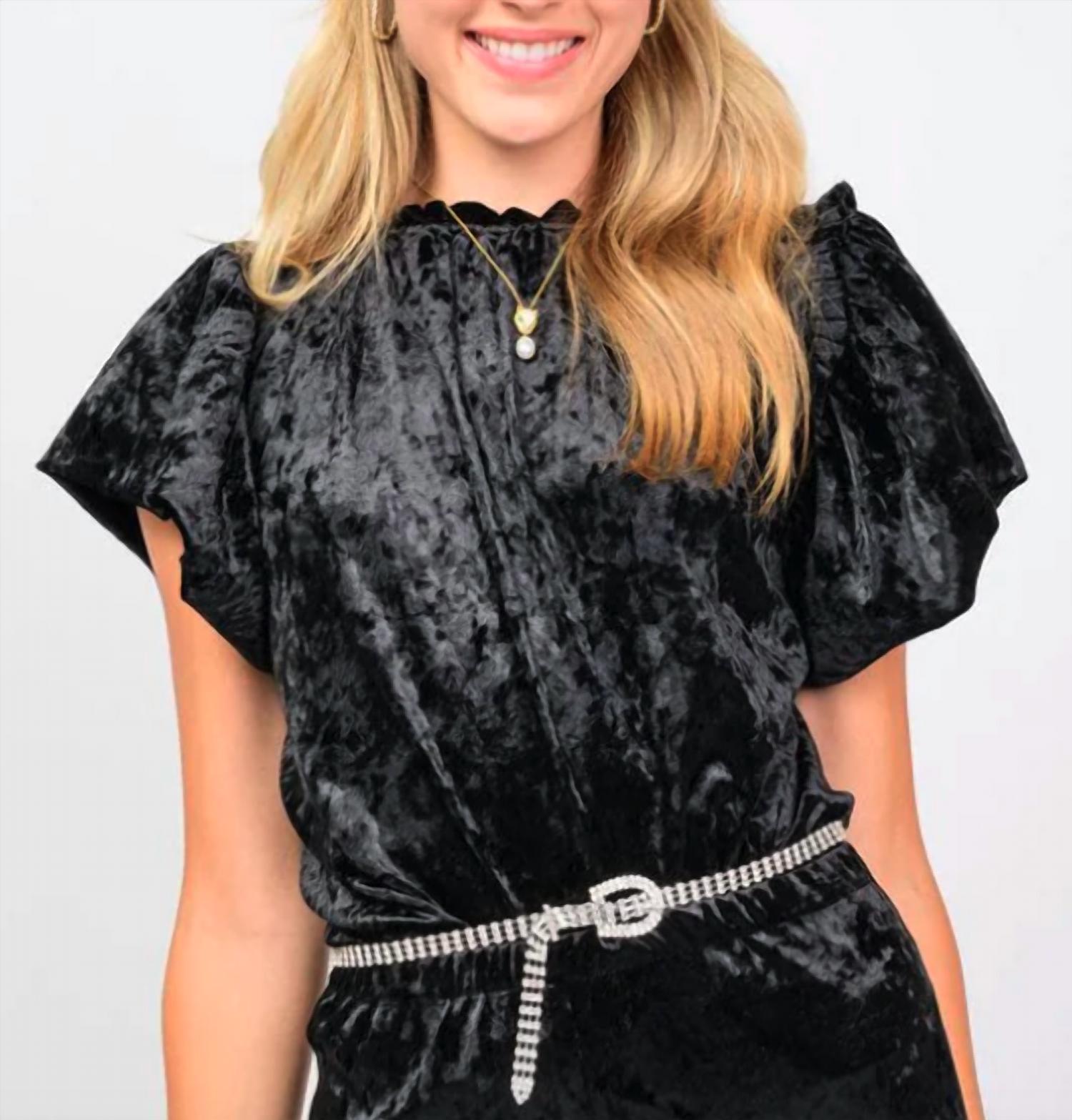 Ivy Jane Solid Velvet Flounce Top in black - women's blouse - detail view