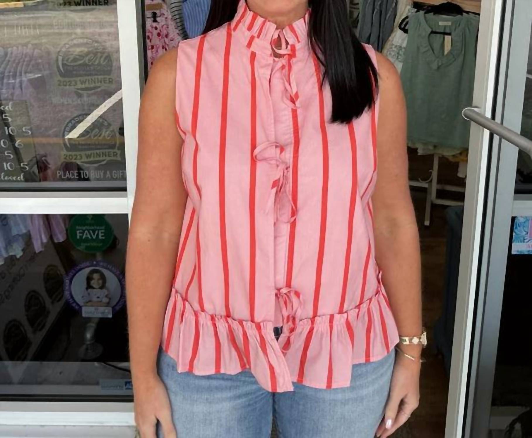 Geegee - Stripe Front Tie Peplum Top Sleeveless