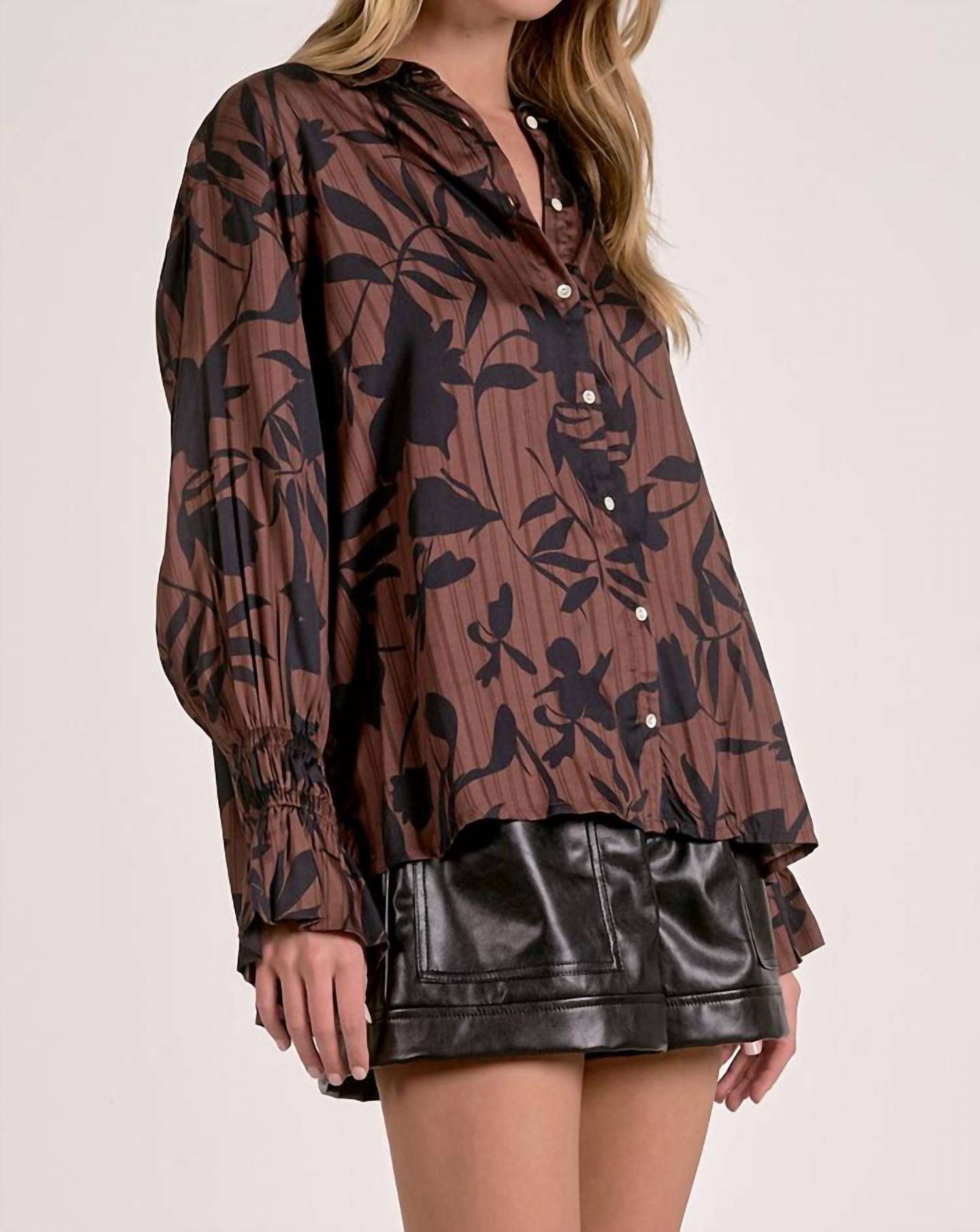 ELAN Gwen Fall Button Down Blouse in brown black - women's shirt - alternate view