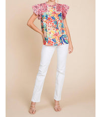 Jodifl - Floral Print Frilled Neck Ruffle Cap Sleeve Top