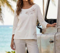 Karen Kane - 3/4 Sleeve Embroidered Cut-Out Boatneck Top