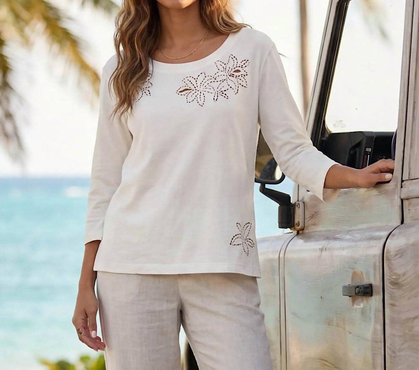 Karen Kane - 3/4 Sleeve Embroidered Cut-Out Boatneck Top