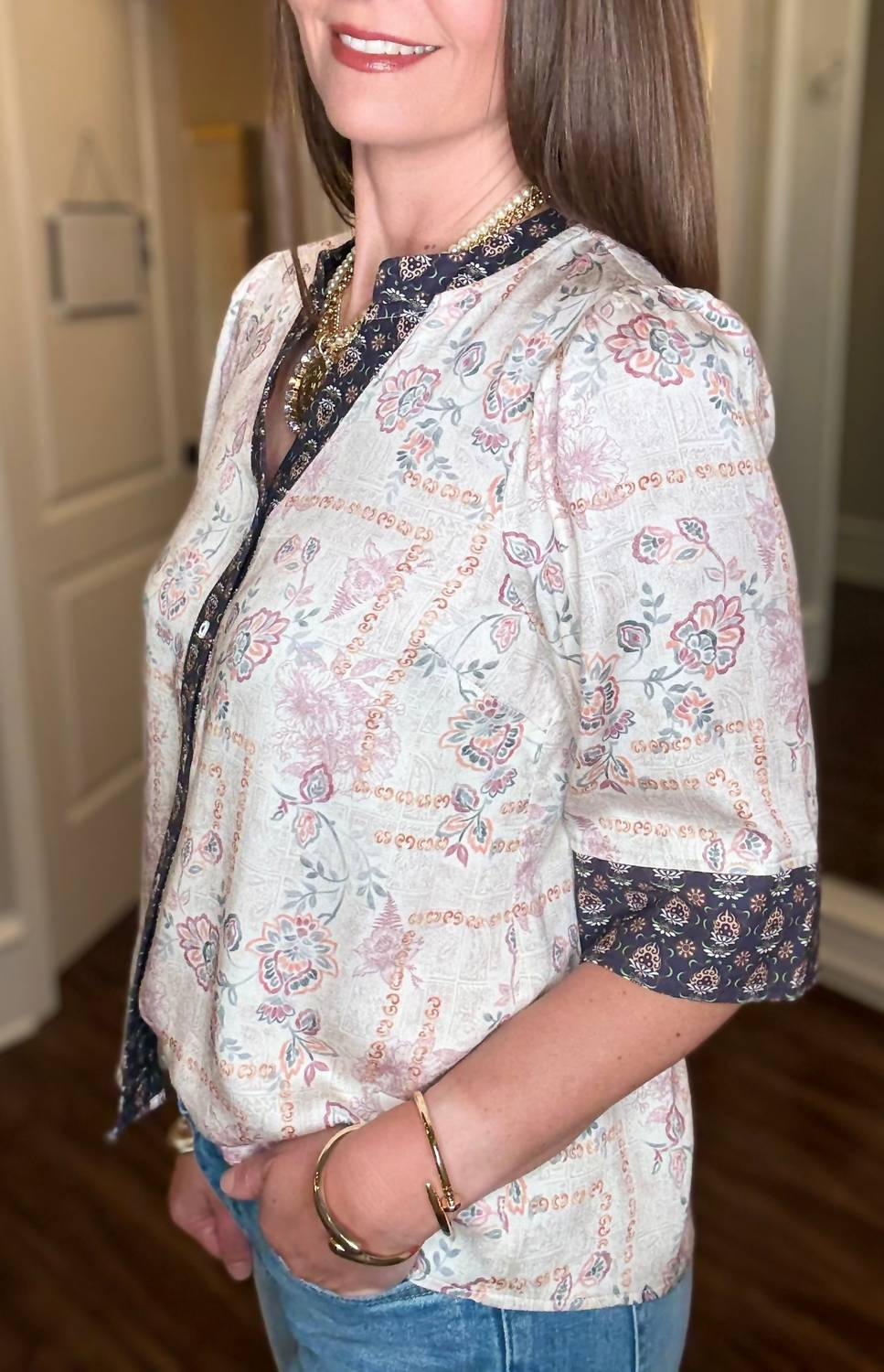 Voy - Button Down Mixed Pattern Top