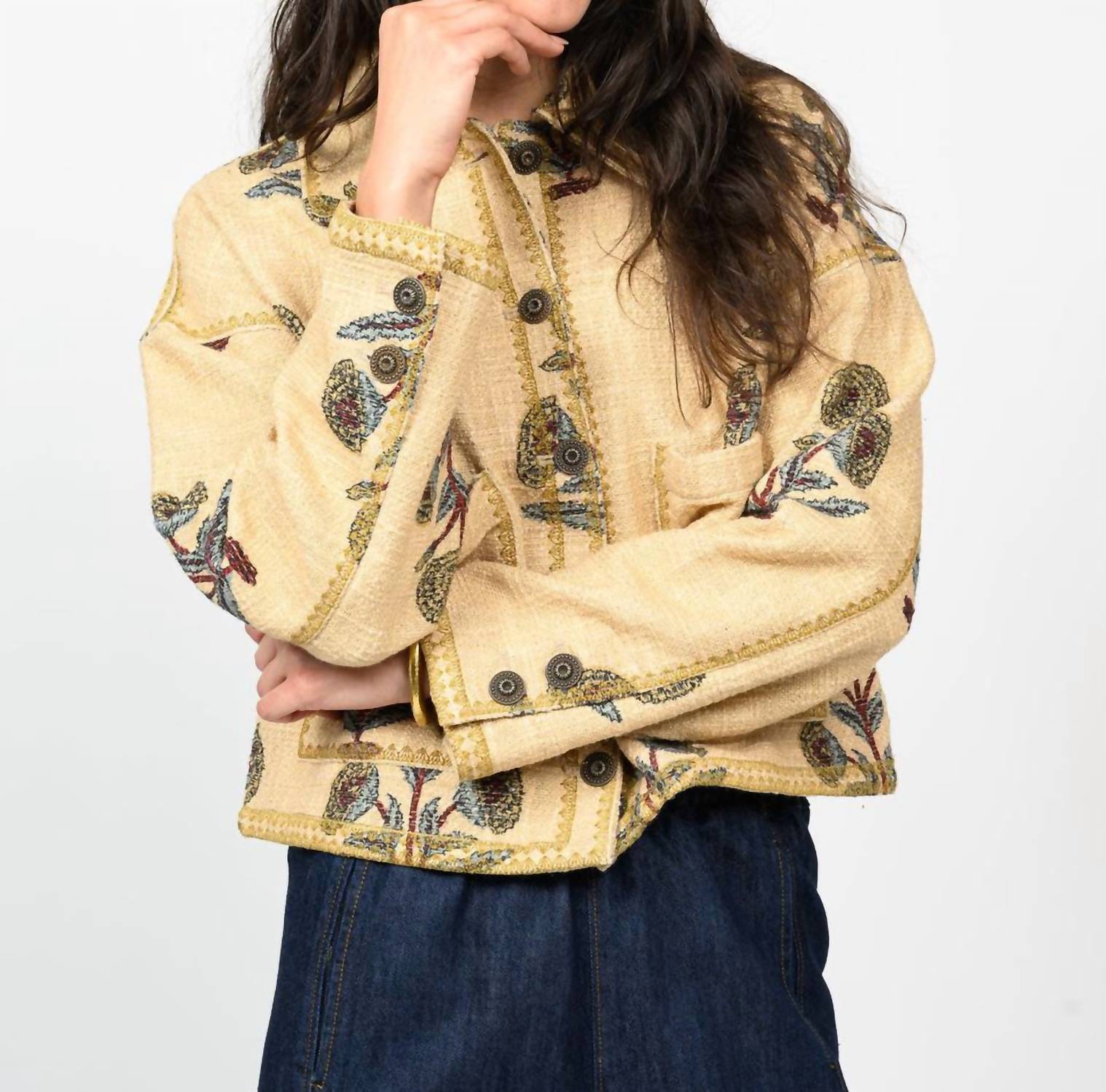 Ivy Jane Lurex Block Print Jacket in camel - women's blouse - detail view
