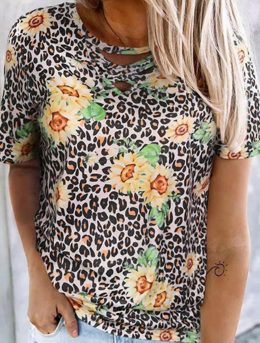 Shiying Fashion - Sunflower Leopard Tee With Cage V Neck