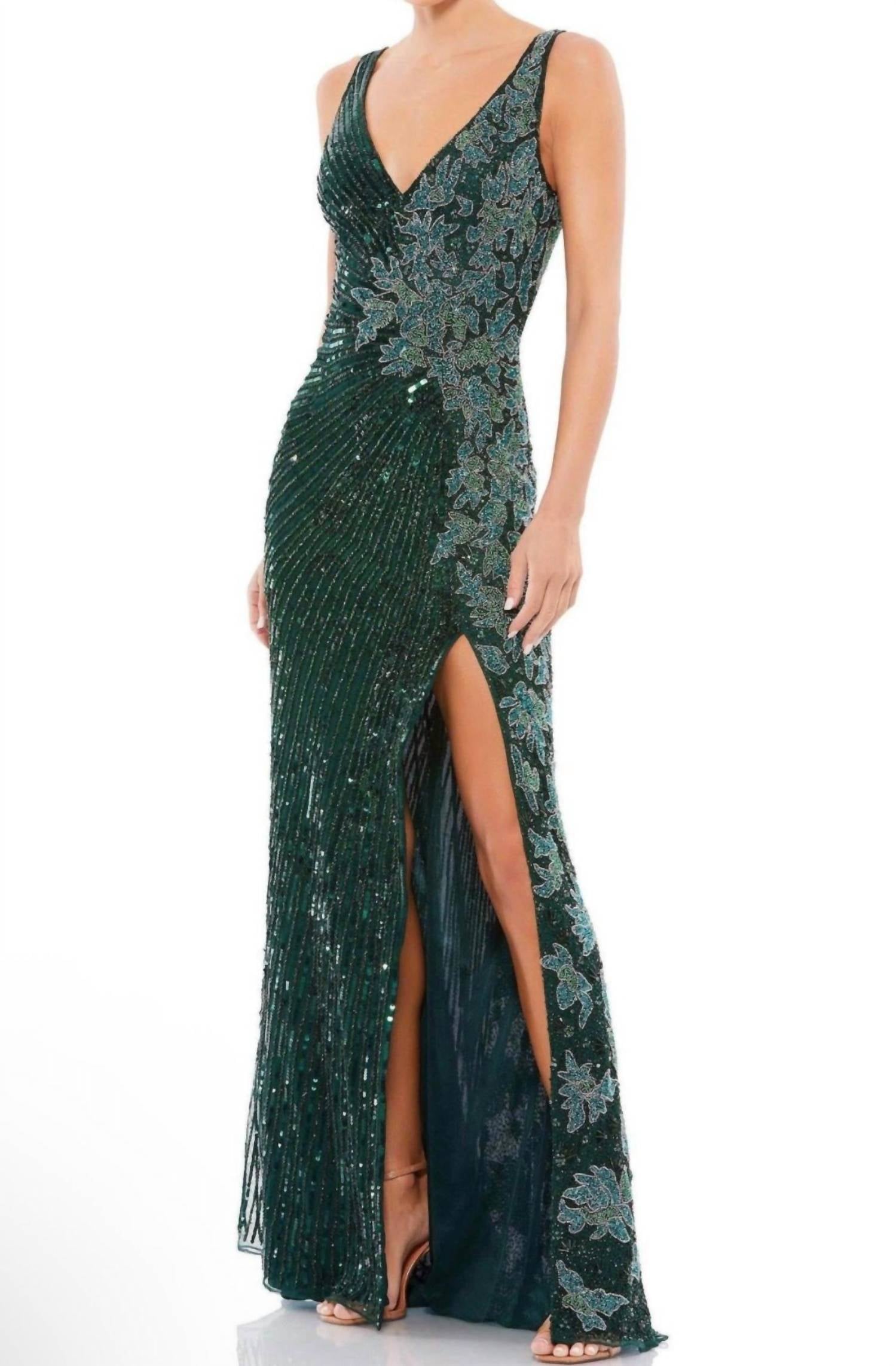 MAC DUGGAL Beaded Floral Sleeveless Gown in deep green - women's dress