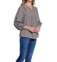 Multiples - Embroidered Fringe Hemline Blouse