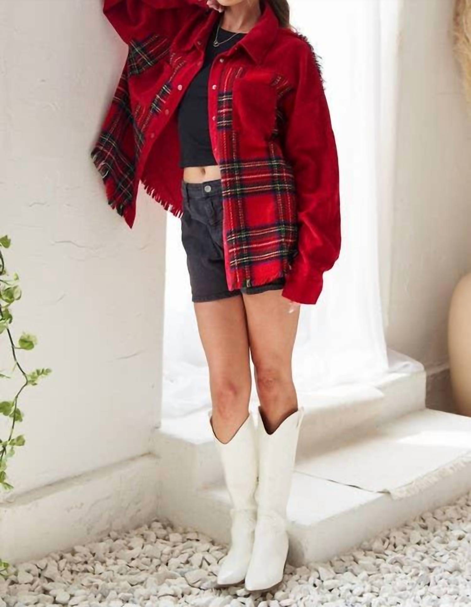 Jade By Jane - Frayed Corduroy Plaid Collared Jacket