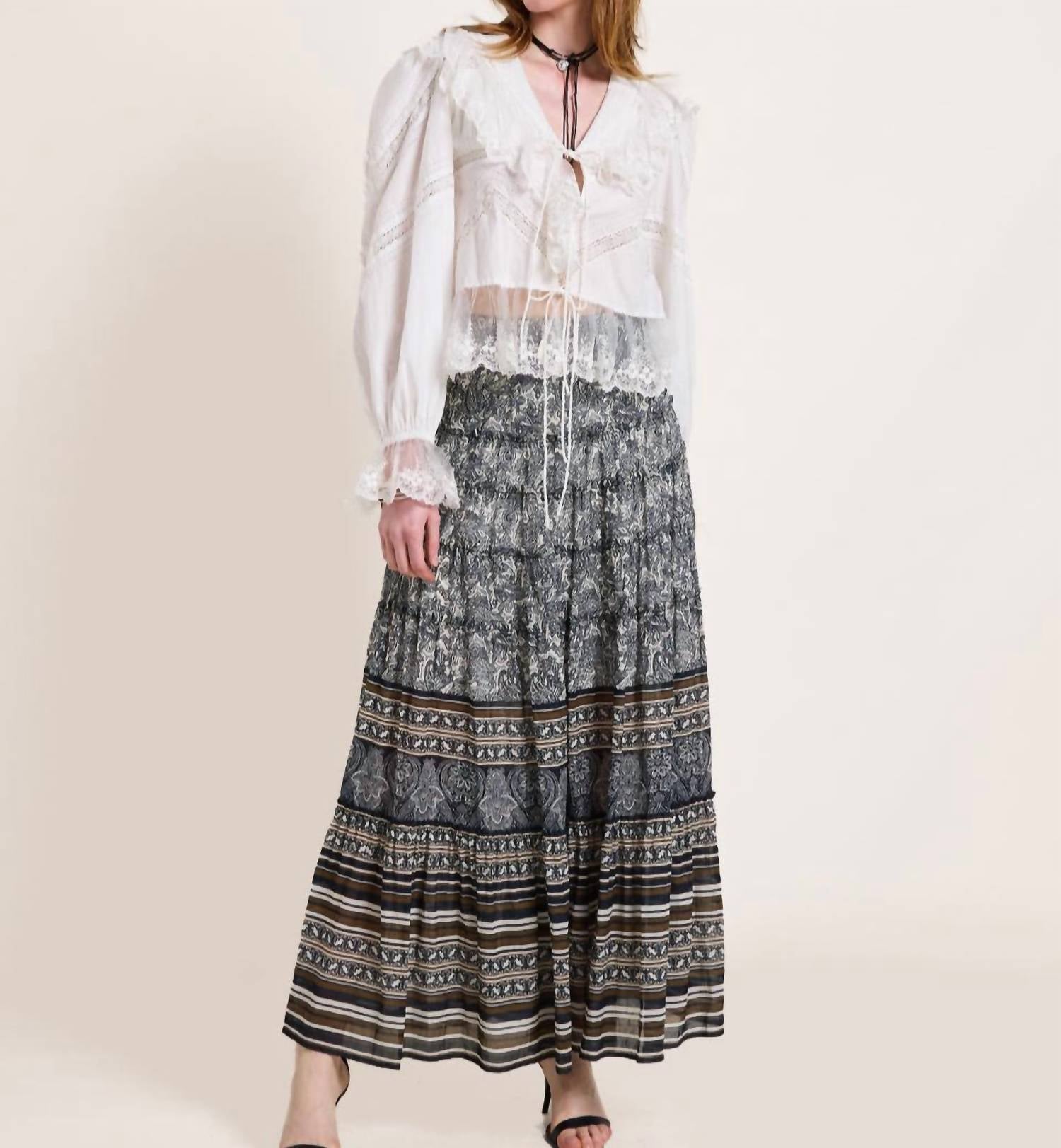 SCARLETT POPPIES Drift Long Skirt in vanilla olive and black - women's skirt
