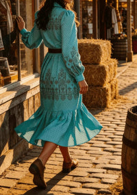 Lucky & Blessed - Jade Aztec Pearl Snap Long-sleeve Pleated Western Mini Dress