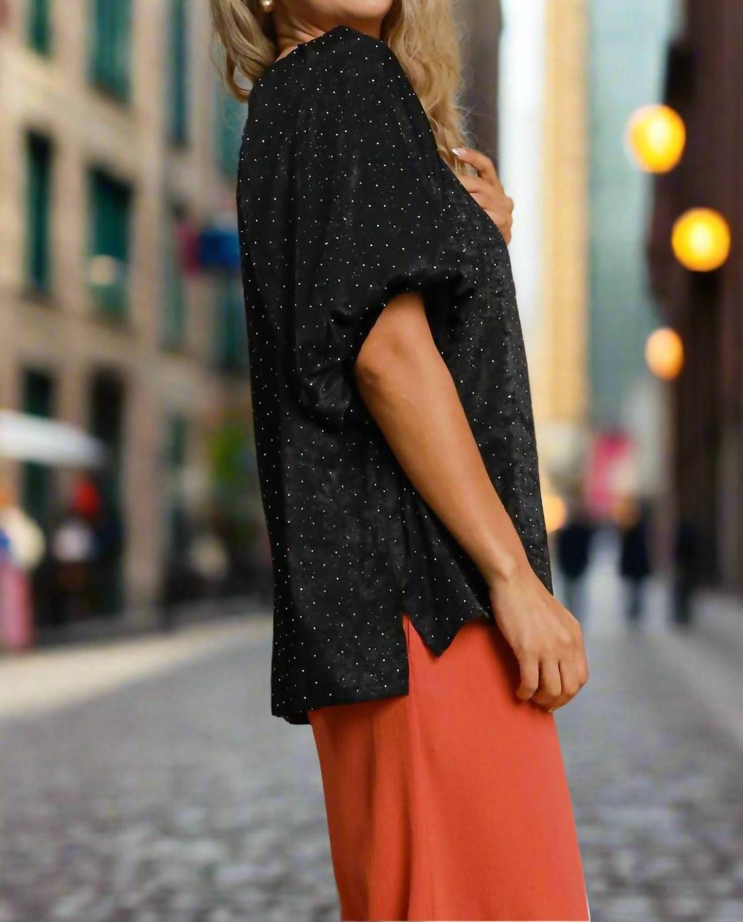 Umgee - Satin Rhinestone Embellished Blouse With Puff Sleeves