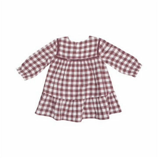 Angel Dear - Girl's Gingham Plum Ladder Trim Dress With Ribbed Legging