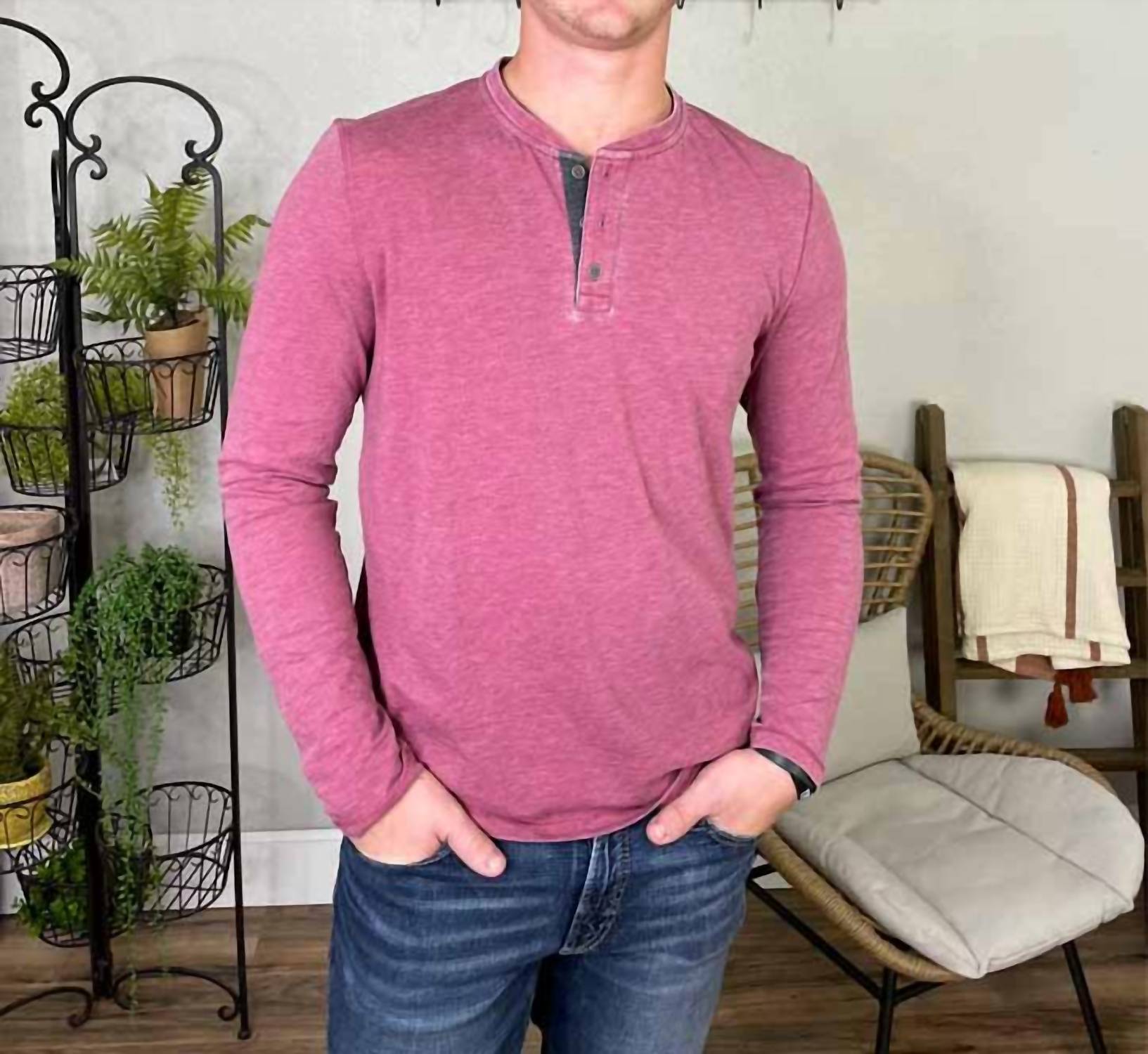Flags & Anthem Chatham Burnout Long Sleeve Slub Henley Tee in red - men's long sleeve top