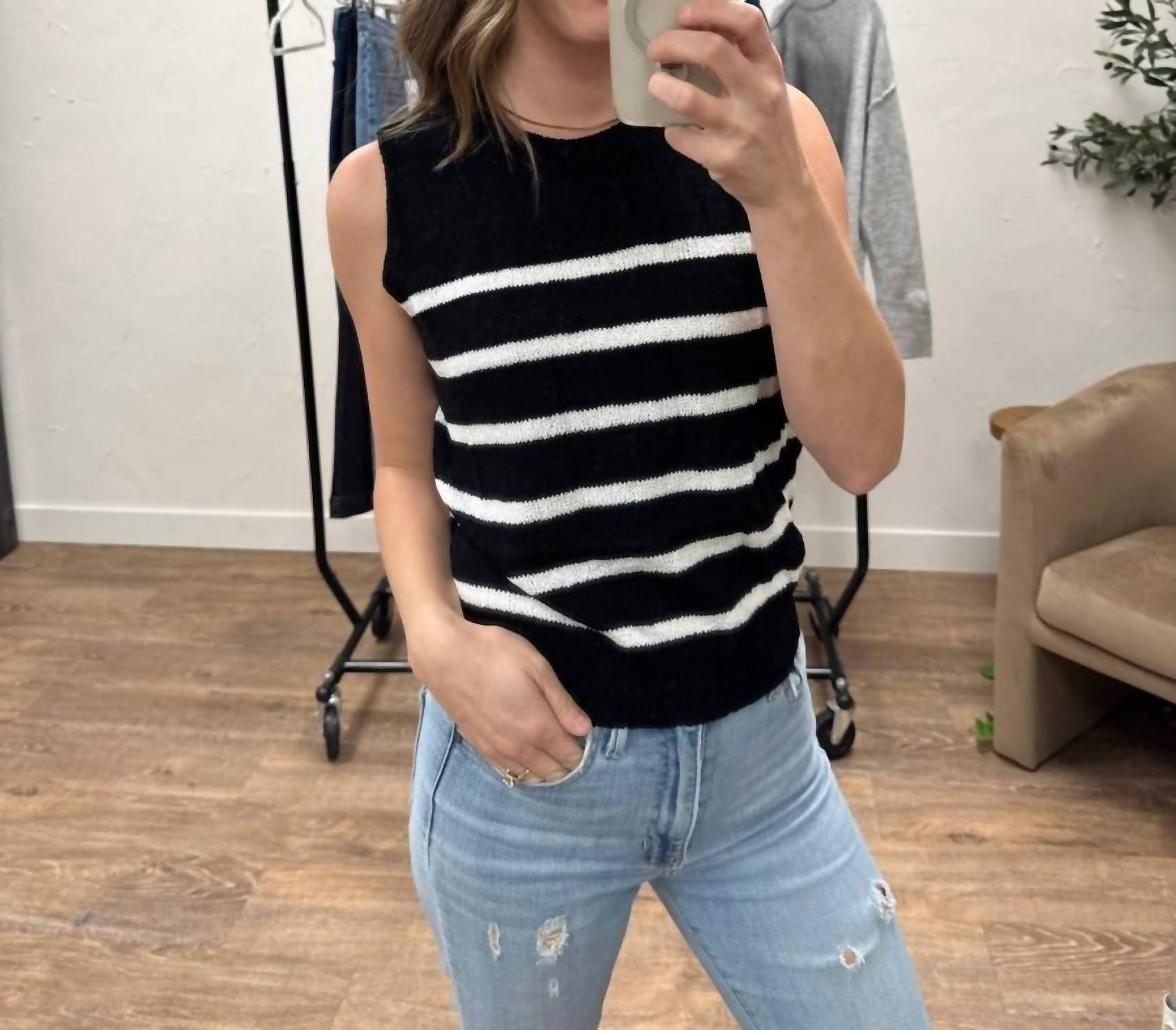 LE LIS Round Neck Sleeveless Sweater Top in black white - women's sweater - view 4