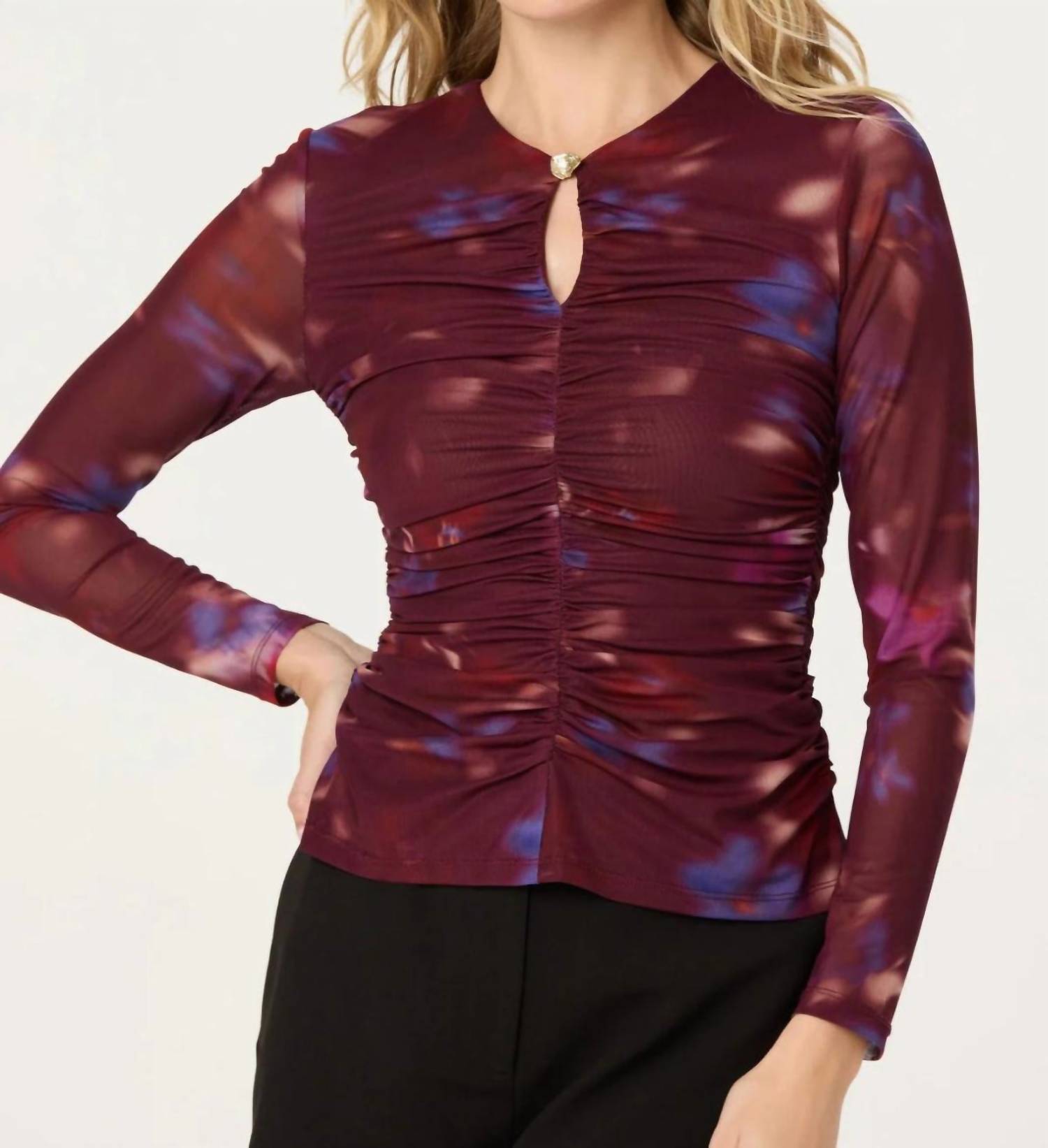 ASTR Keyhole Ruched Top in floral - women's long sleeve top - detail view